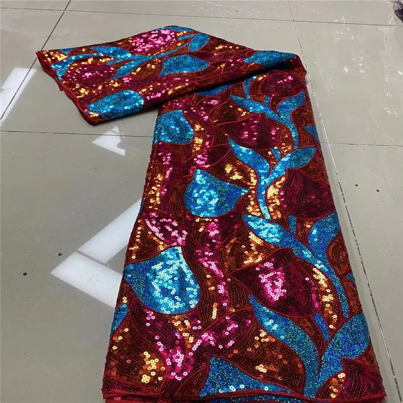

New African Lace Fabric Multicolor High Quality Party Nigerian Women Sequin Cord Embroidery 5 Yards French Tulle Lace Fabric