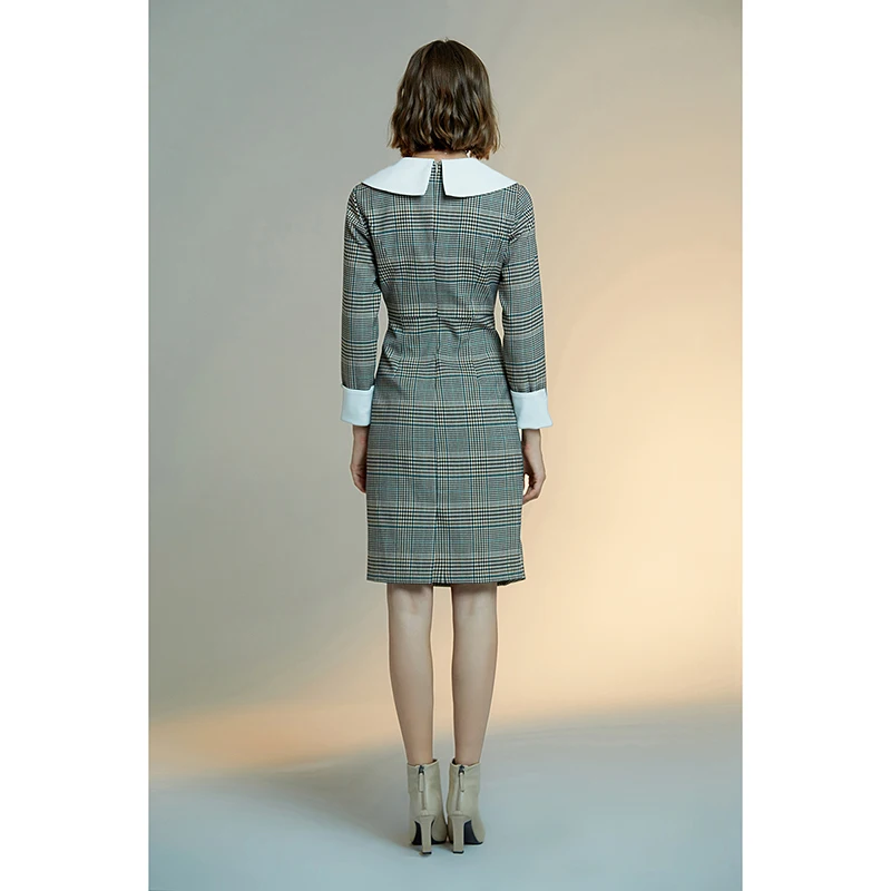 

spring dress women dress 2020 Fashion elegant vintage plaid Khaki slimming Long sleeve dress mid-long Doll collar ladies dress