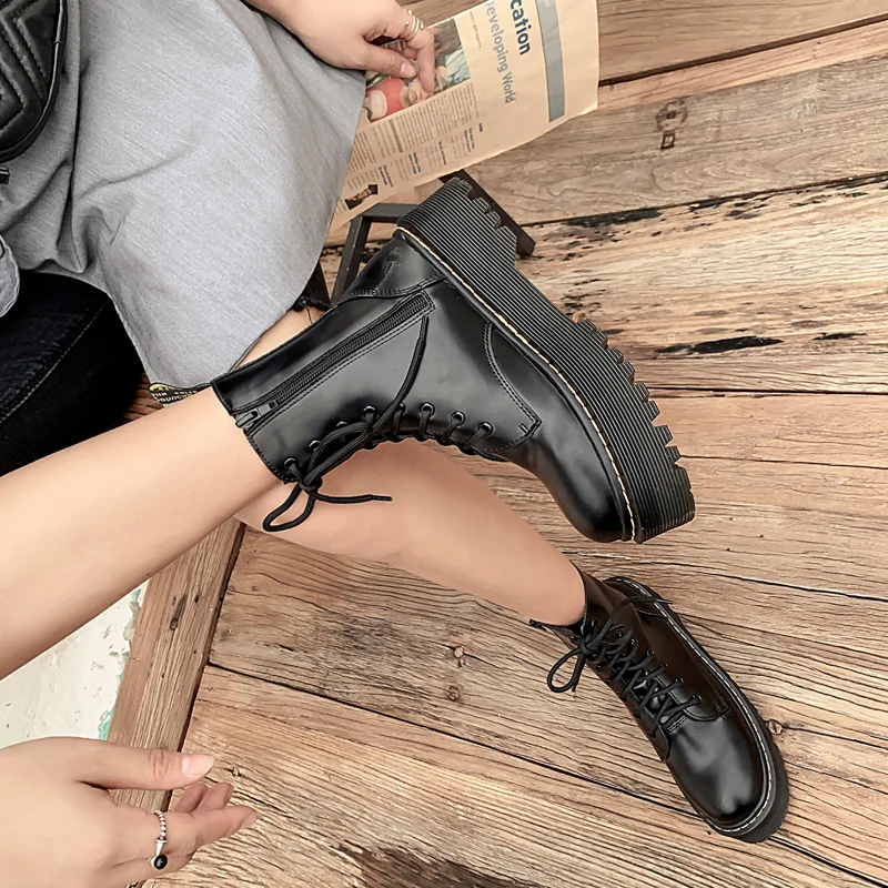 Зимние сапоги Botas Mujer; сезон весна-осень женские ботинки с круглым носком, на шнуровке, на шнуровке; Bottines Pour Les Femmes толстая подошва, женские ботильоны, женские ботинки