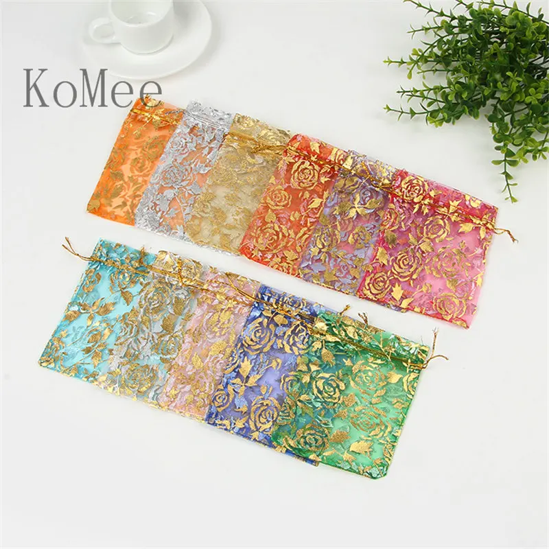 

Оптовая продажа 100 шт. Разноцветные сумки из органзы 11x16 см с принтом розы свадебные сумочки для ювелирных изделий конфет упаковочные сумки ...