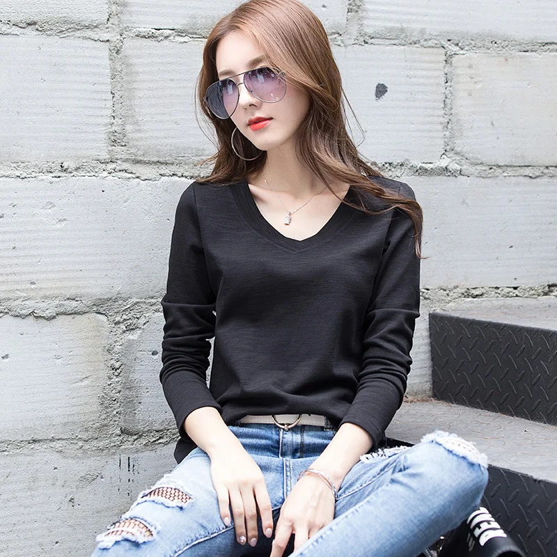 

Slubby Cotton Long Sleeve T-Shirt in autumn and winter women's V-neck fashion loose large women's cotton top 1841-1