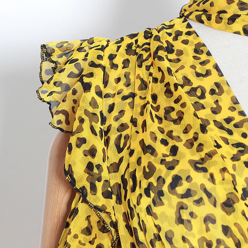 

CHICEVER Leopard Dress For Women V Neck Flare Long Sleeve Hollow Out Hit Color High Waist Vintage Dresses Female 2020 New Style