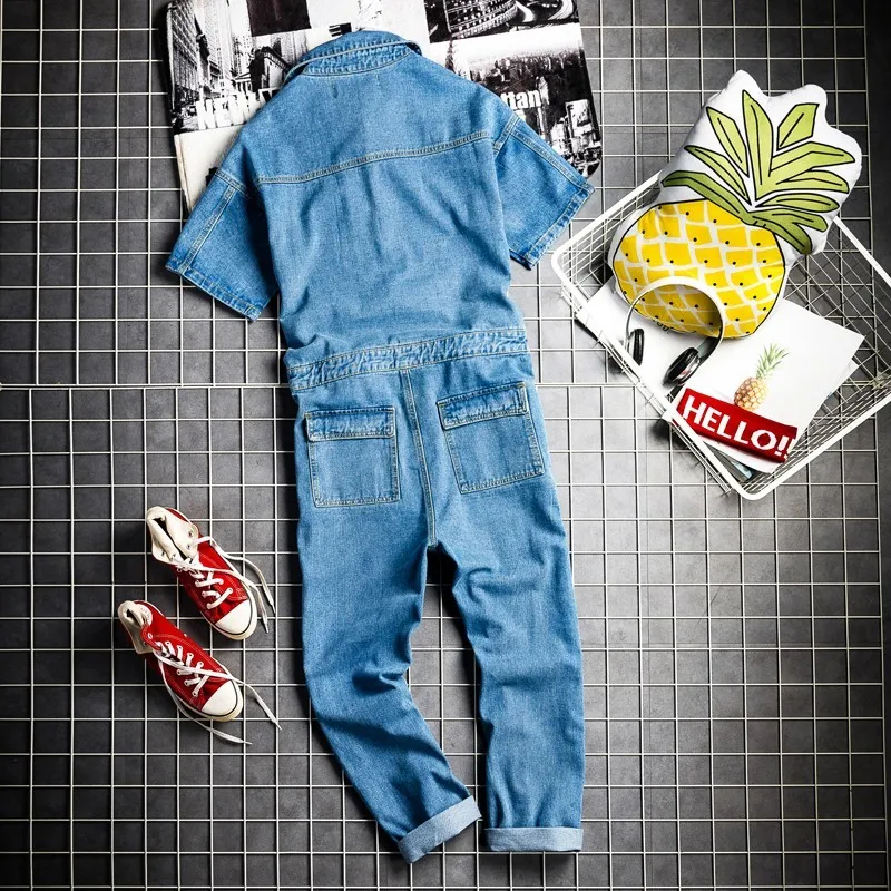 Euro Hip Hop Fashion Mens Denim Jumpsuit Vintage One Piece Cargo Pants Short Sleeve Jeans Bib Overalls Casual Cowboy Jumpsuits