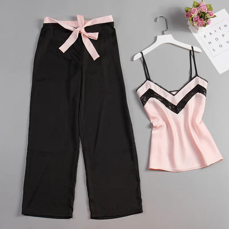 New 2 Piece Woman Pajamas Set Stain Silk Sexy Sleepwear Pink Top And Long Pants Strap Sling Summer Pajama HomeWear MG021 | Женская