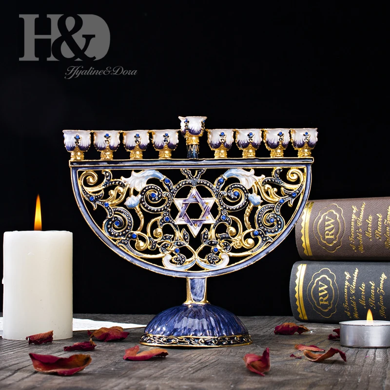 Цветочный эмалированный подсвечник H & D ручной росписи hanukka Menorah 9 ветвей