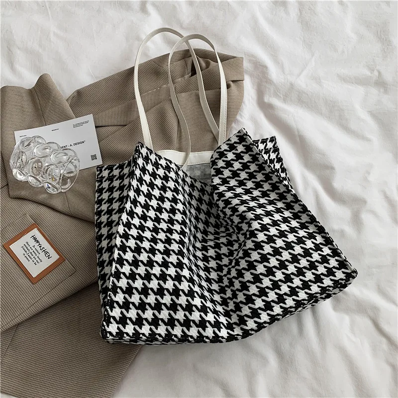 

Big Tote Bag Women Bag Vintage High-capacity Shoulder Bags Houndstooth Hasp Soft Handbag Shopping Bag Korean Lady Handbag