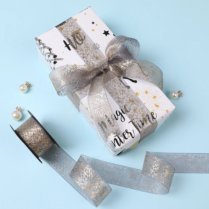 10 ярдов 25 мм органза золотой штамп Лента шифон Снежная пряжа Подарочная Упаковка