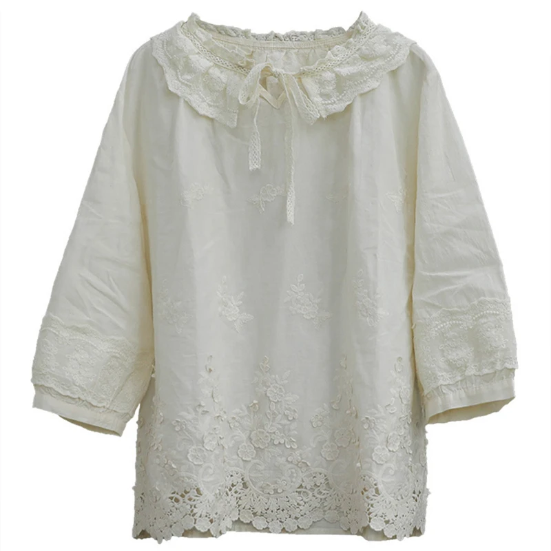 

Max LuLu 2021 Fashion Spring Women Lace Embroidery Ivory Blouses Ladies Elegant Flowers Shirts Female Loose Casual Tops Big Size
