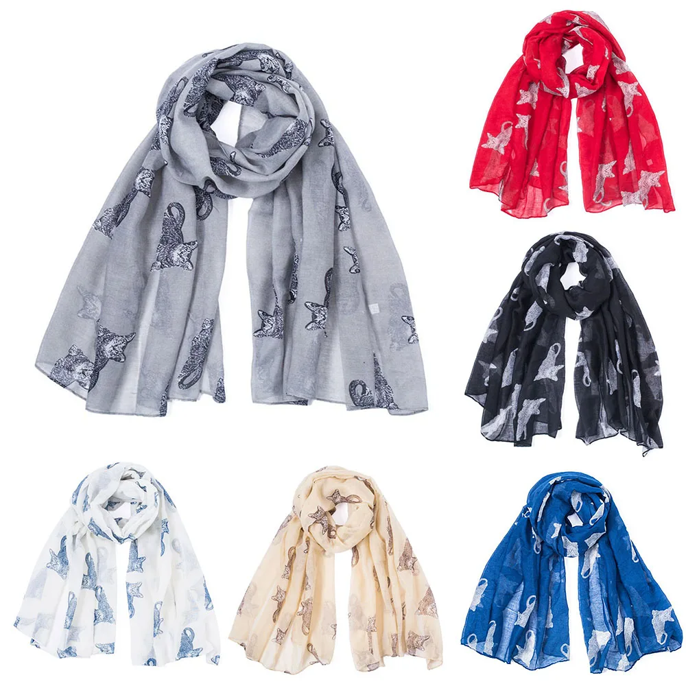 Женский длинный шарф с принтом кошки серый или темно-синий теплый шарф-шаль