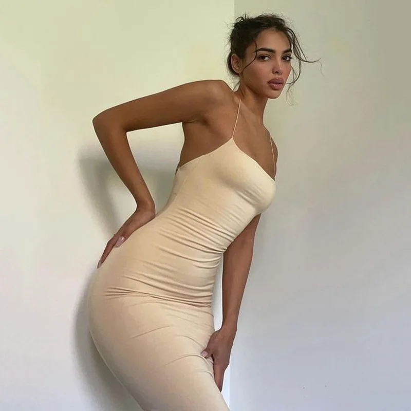 

Slip Dress Khaki Backless Sexy Elegant Black Long Dress Streetwear Women Party Maxi Sukienka Vestido Verano Mujer Robe Ete 2021