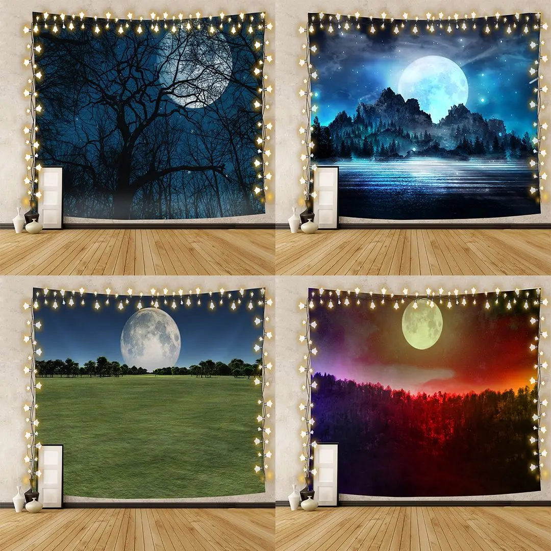 

Настенный гобелен с изображением ночного пейзажа, Луны, леса, хиппи, звездного неба, пейзажа, декор в стиле бохо, настенное одеяло, украшение ...