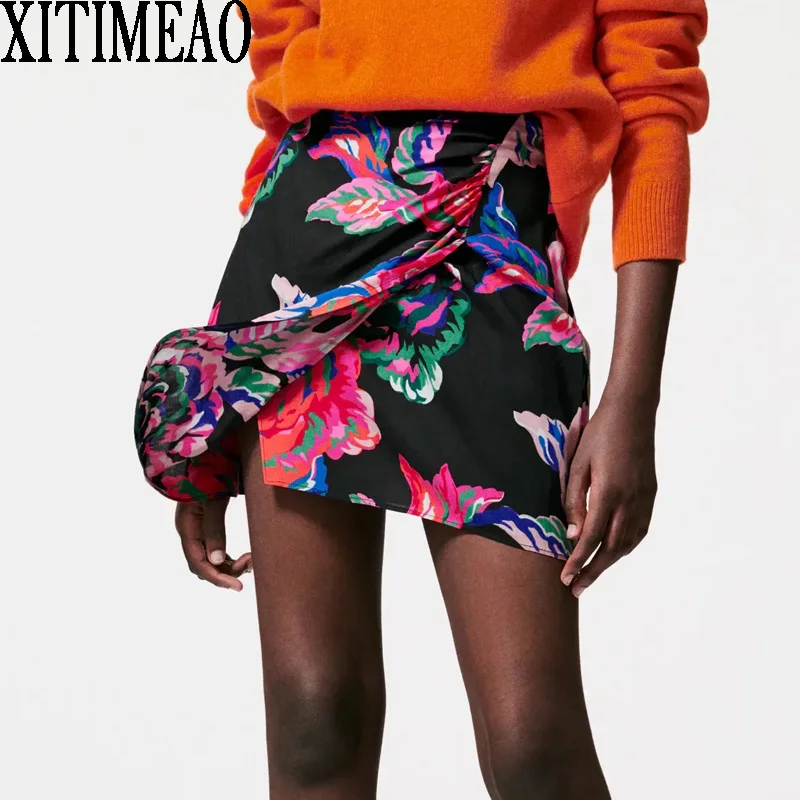 

Za Women 2021 Chic Fashion Retro Print Asymmetry Mini Skirt Retro High Waist Knot Gauze Cage Skirt XITIMEAO