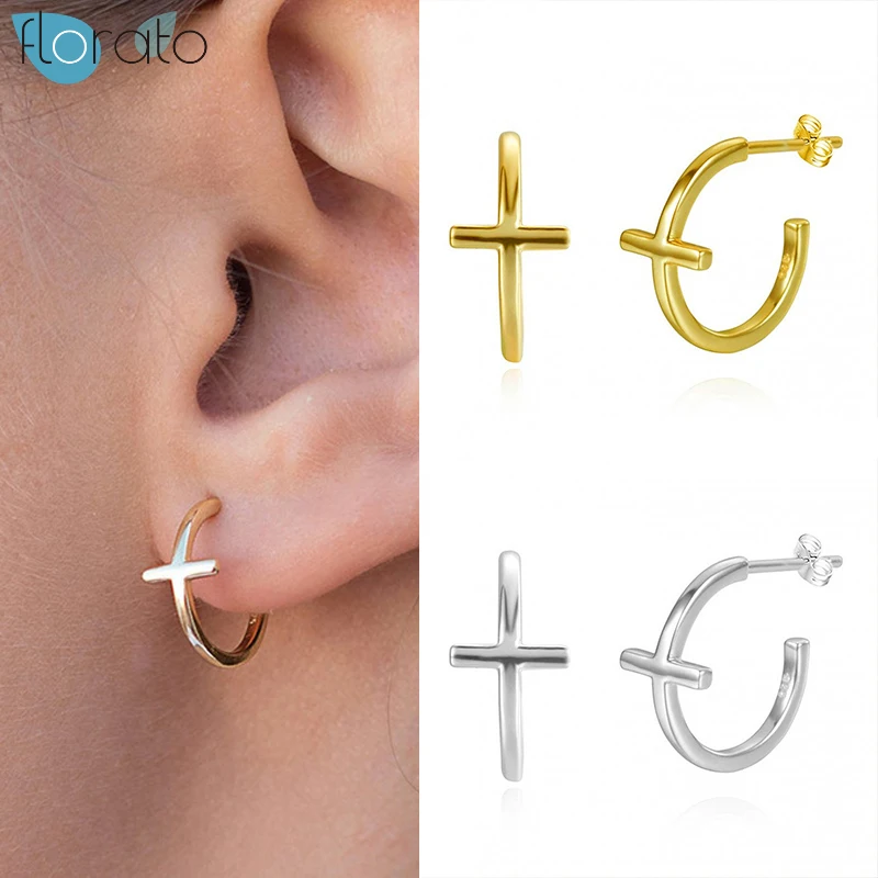 

925 Sterling Silver Cross Opening Circle Stud Earrings for Women Gold Color Minimalist Earrings Simple Fashion Jewelry