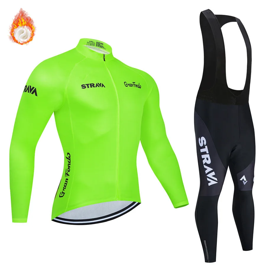 

2021 STRAVA Winter Thermal Fleece Cycling Jersey Warm Long Set MTB Cycling Clothing Sportswear Mountain Clothes ropa ciclismo
