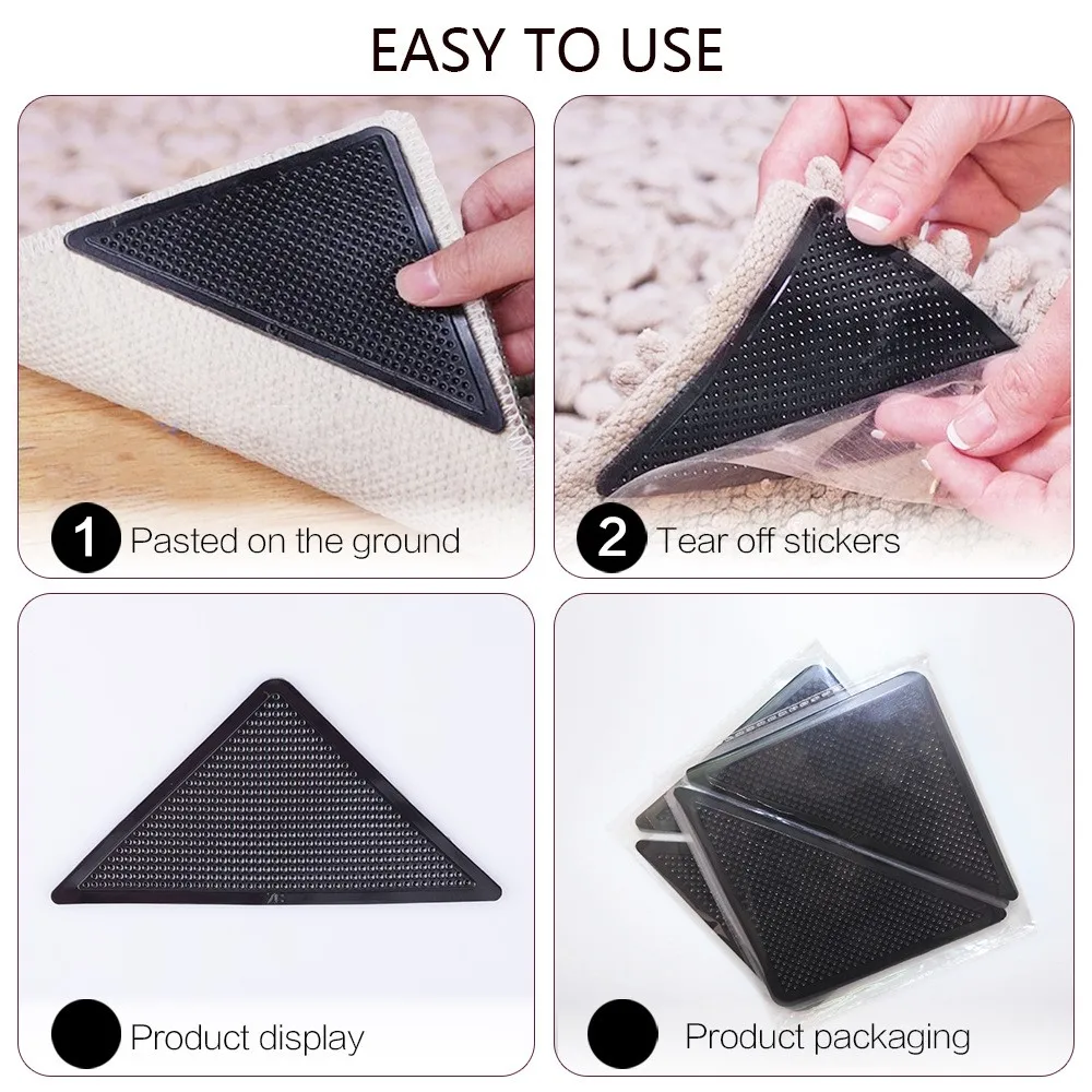 

4pcs Carpet Pad Reusable Washable Non Slip Triangle Sticker Rug Grippers Silicone Grip Bath Living Room Anti For Home Slip Mat