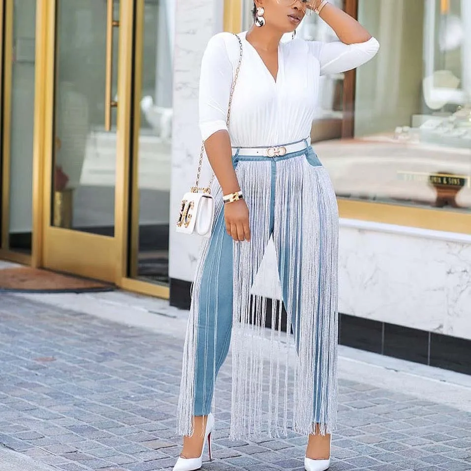 Модные женские джинсы с кисточками узкие эластичные брюки карандаш высокой