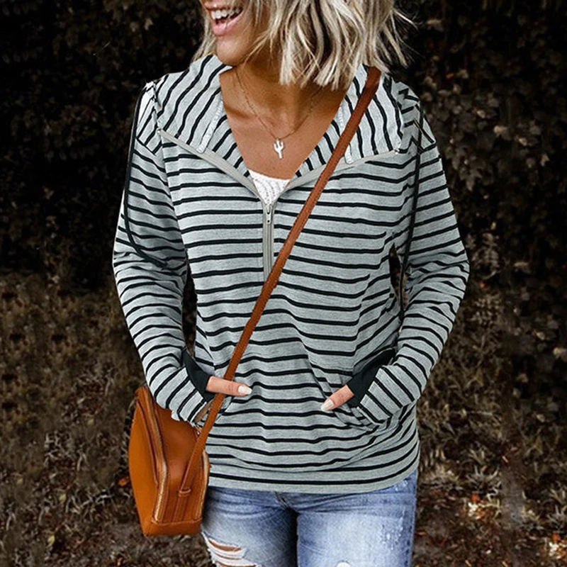

2022 Spring Autumn Fashion Women Stripe Zipper T-shirts Casual Pockets Tops Tee Female Long Sleeve T Shirt for Women Clothing
