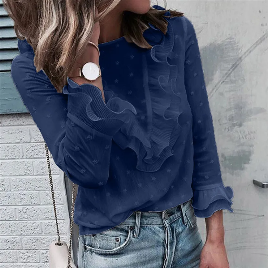 Женские рубашки с длинным рукавом женские повседневные кружевные в горошек