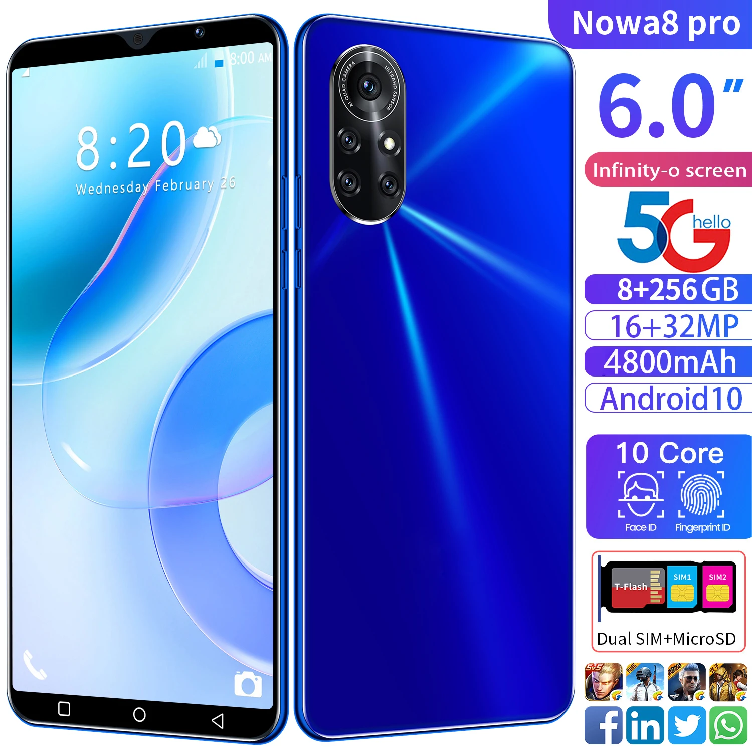 

Global Version Nova8 Pro 6.0"SmartPhone 8+256GB 6800mAh Big Capacity Battery Android 16+32Mp Camera Fingerprint Unlock Cellphone