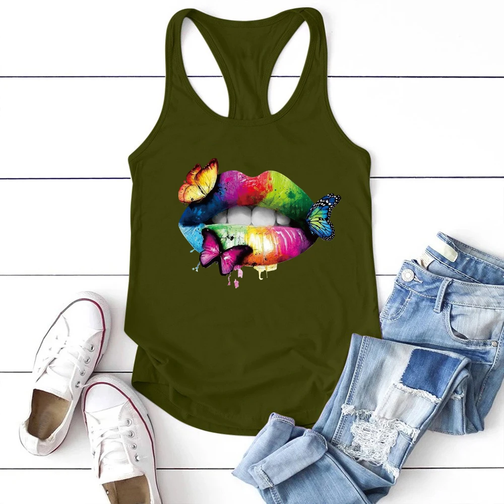 

Multicolored Lips Butterflies Printed Tank Top Women Sleeveless Summer Vest for Women Crew Neck Ladies Tops Plus Size