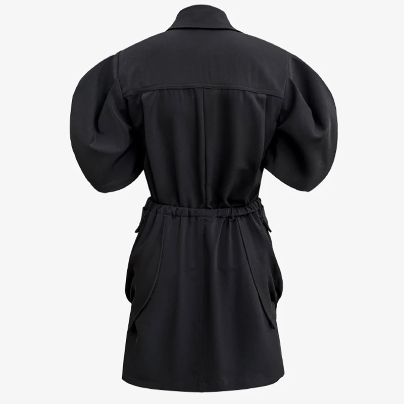 

[EAM] Women Gray Contrast Color Pleated Drawstring Dress New Lapel Half Sleeve Loose Fit Fashion Tide Spring Summer 2021 1DE0676