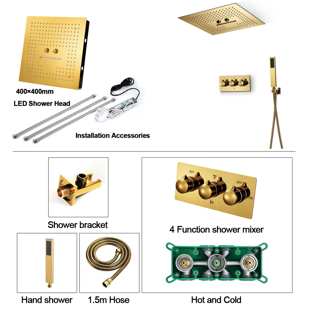 

Luxury Ti-PVD Gold Shower Systems 16 Inch Spa Rain ShowerHeads Bathroom Faucets LED Shower Set Hot and Clod Valve Brass Taps