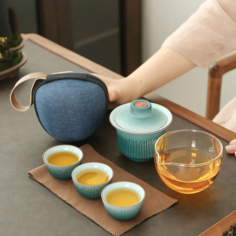 

Green Tea Ceremony Set Retro Tea Glass Ceramic Travel Gaiwan Teaset Drinkware Chinese Kung Fu Teapot Filter Teaware Gift Friend