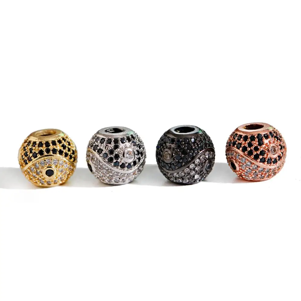 

2 piece/Lot Copper Bead Round Tai Chi Pattern Gold Color Copper Inlaid Black White Zircon For DIY Handmade Bracelet 2020 Jewelry