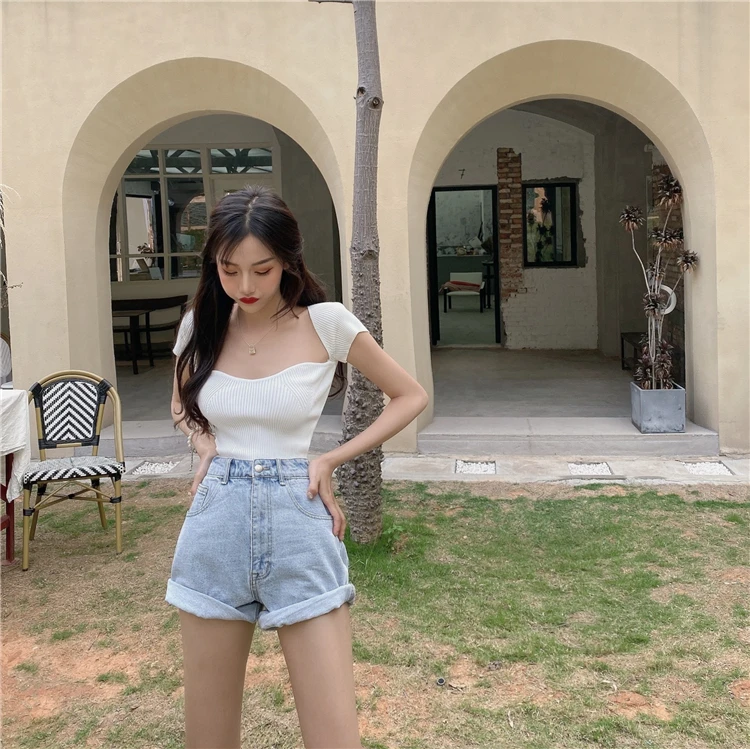 

High Waist Woman Shorts 2021 Summer Casual Loose Vintage Wide Leg Short Jeans Women Harajuk Green Blue Denim Shorts