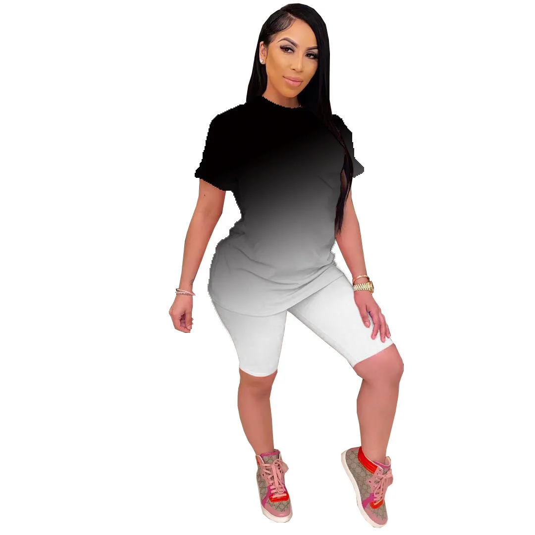

Women Set Gradient Short Sleeve O-neck Long Loose Tops Sheath Elastic Shorts 2 Piece Set Tracksuit Summer Outfit 2021
