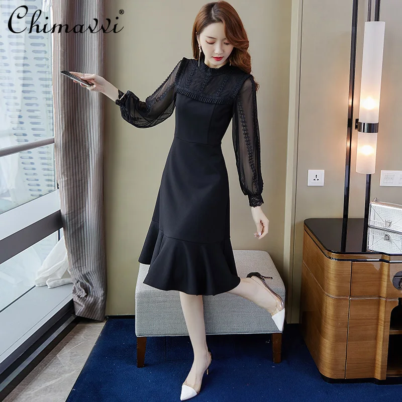 

2021 Early Autumn Women Waist Controlled Slimming Dress Women Long Sleeve Elegant Bottoming Dress Lady Black Sexy Long Dress