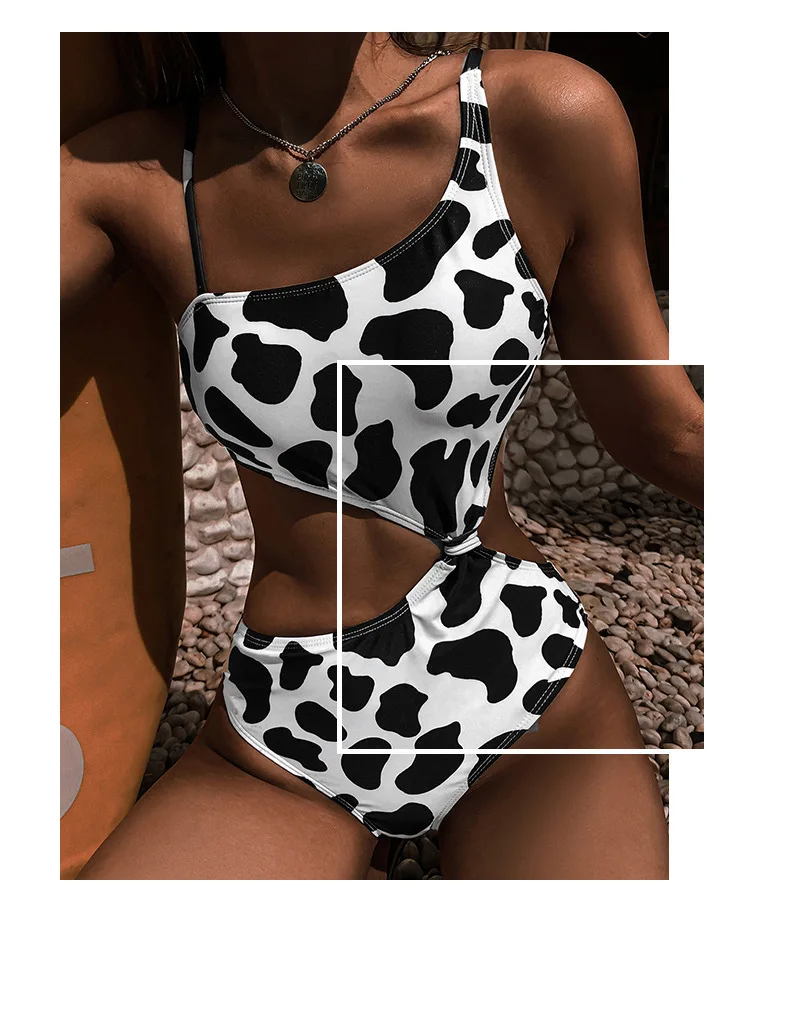 

2021 New Bikini Fashion Black and White Cows Pattern One-Piece Swimsuit for Women