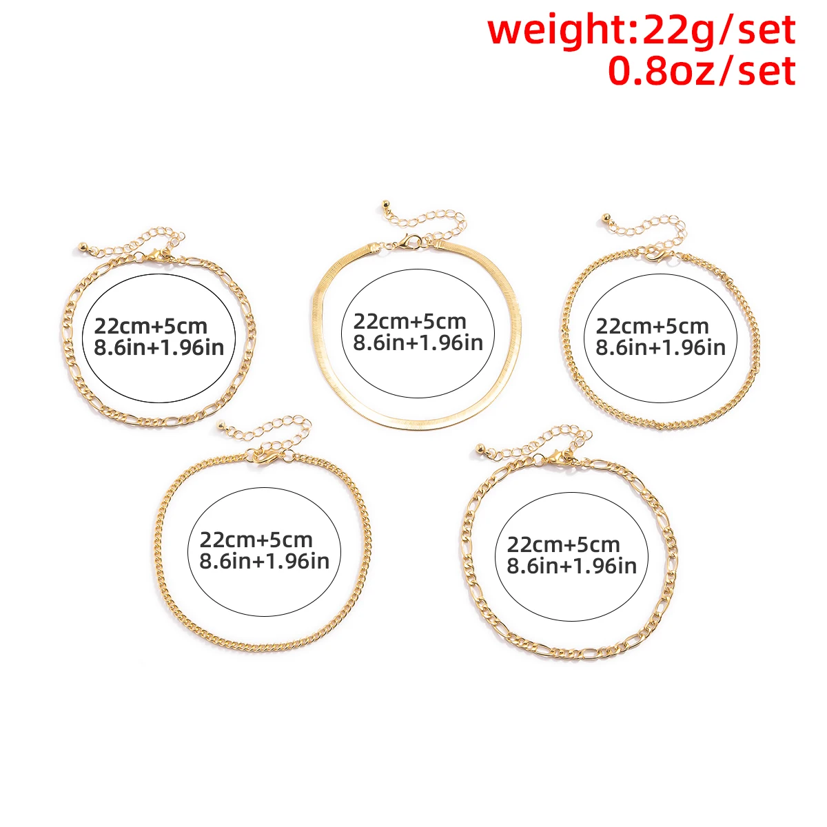 

5Pcs/Set Punk Gold Color Flat Blade Snake Chain Ankle Bracelet Woman Boho Chain Link Anklets New Fashion Beach Vacation Jewelry