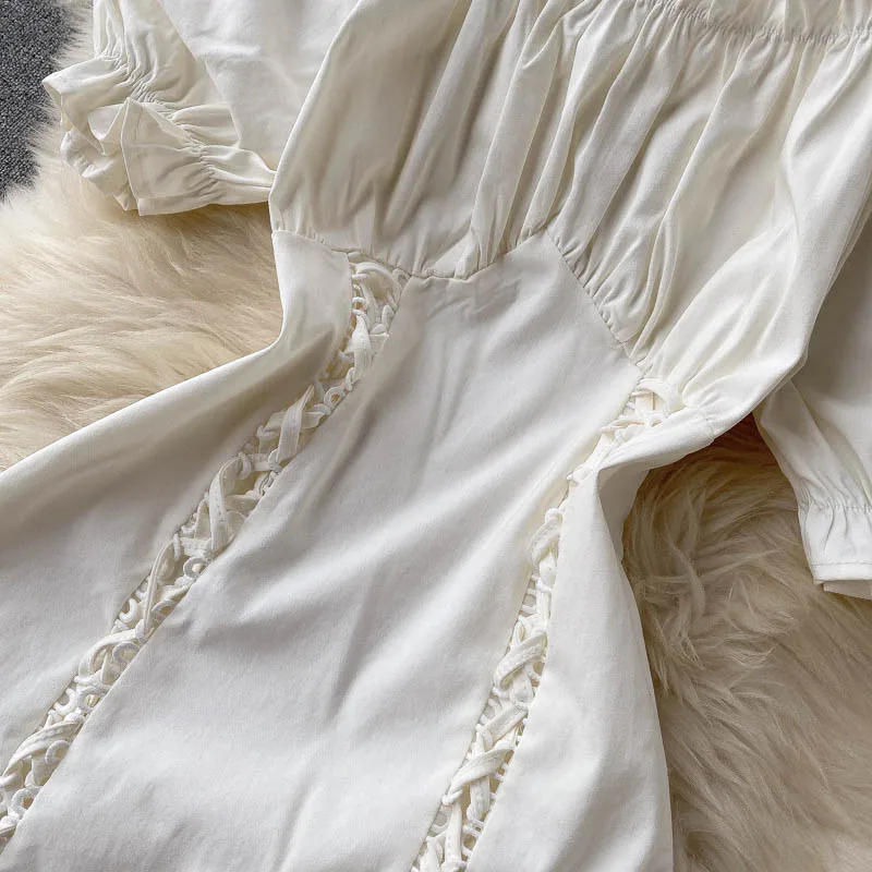 

2021 Summer French Style Puff Sleeve Slim Women Mini Dress Lace-up Slim Waist Sweet Ruffled A-line Fashion Solid Short Dress