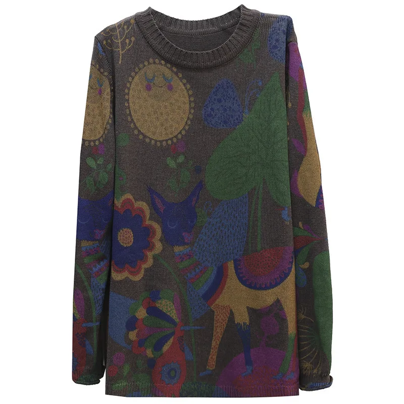

SOUL OF TIGER New 2020 Fashion Winter Knitted Pullovers Ladies Vintage Printed Sweaters Womens Oversized Jumpers Casual Knitwear