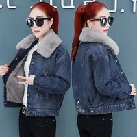 women denim jacket detachable fur collar ladies plus velvet buttons tops 2021 womens winter thicken jeans coat trend w63
