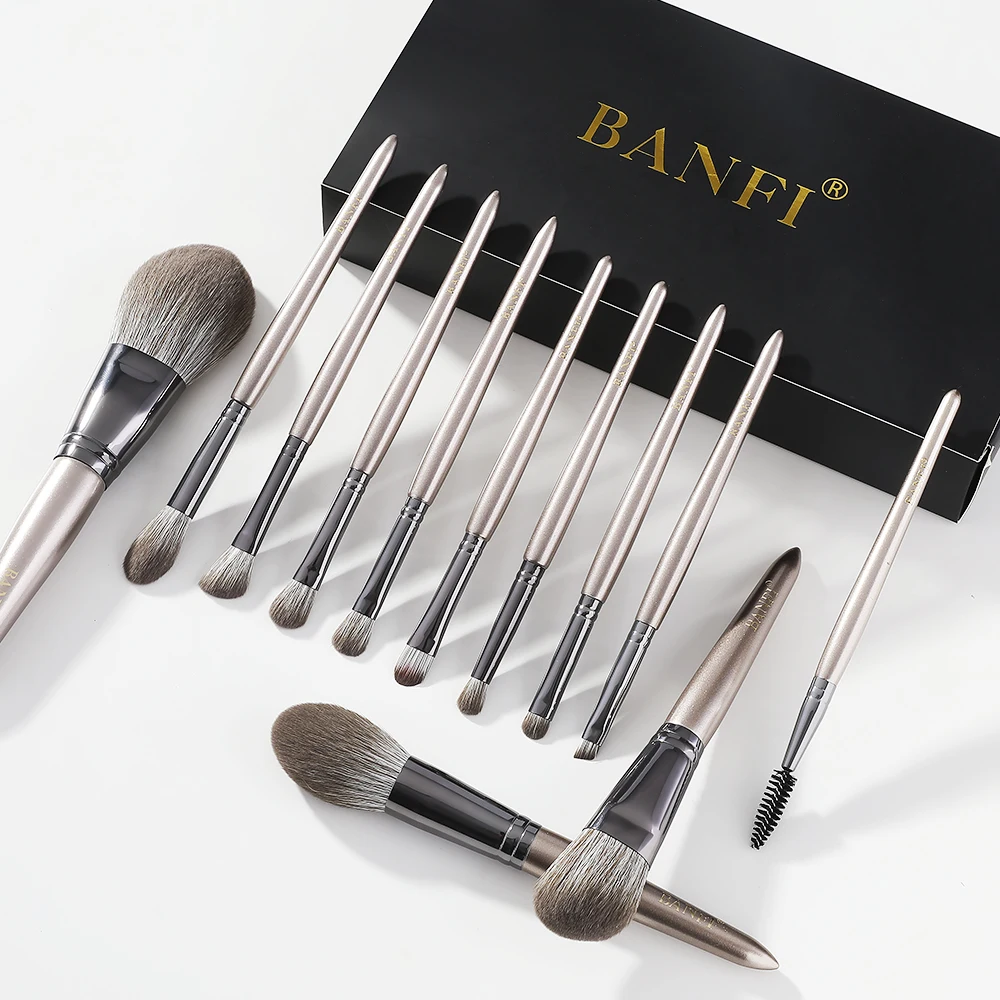 BANFI 9PCS.Gun color champagne gold Makeup Brushe eyeshadow brush set  foundation  eyelash wands  kawaii makeup brushes
