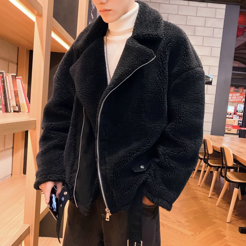 

Fashion Faux Fleece Men Jackets Solid Outerwear Plush Pockets Long Sleeve Fluffy Overcoat Streetwear Men Coats S-5XL