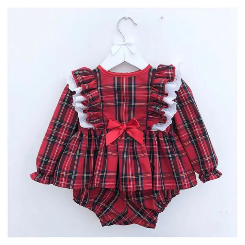 

2021 Christmas Set Newborn Baby Girl Clothes Plaid Ruffle Romper Jumpsuit Dress Short Outfit Set 0-24 months