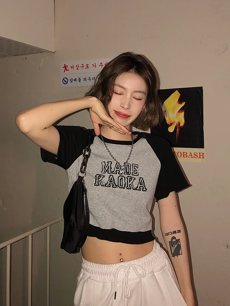 Женская футболка с коротким рукавом облегающий топ открытым пупком для девушек