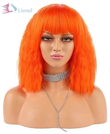 

Uenel Women Short Bob Fluffy Hair Full Wigs with Bangs Heat Resistant Kinky Straight Custom Cosplay Party Wigs Orange