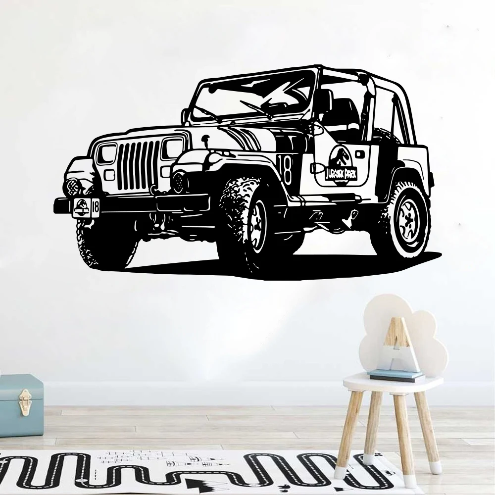 

Современная виниловая наклейка на стену Jeep Wrangler для внедорожника парка Юрского периода, игровой комнаты, автомобиля, динозавра, украшение д...