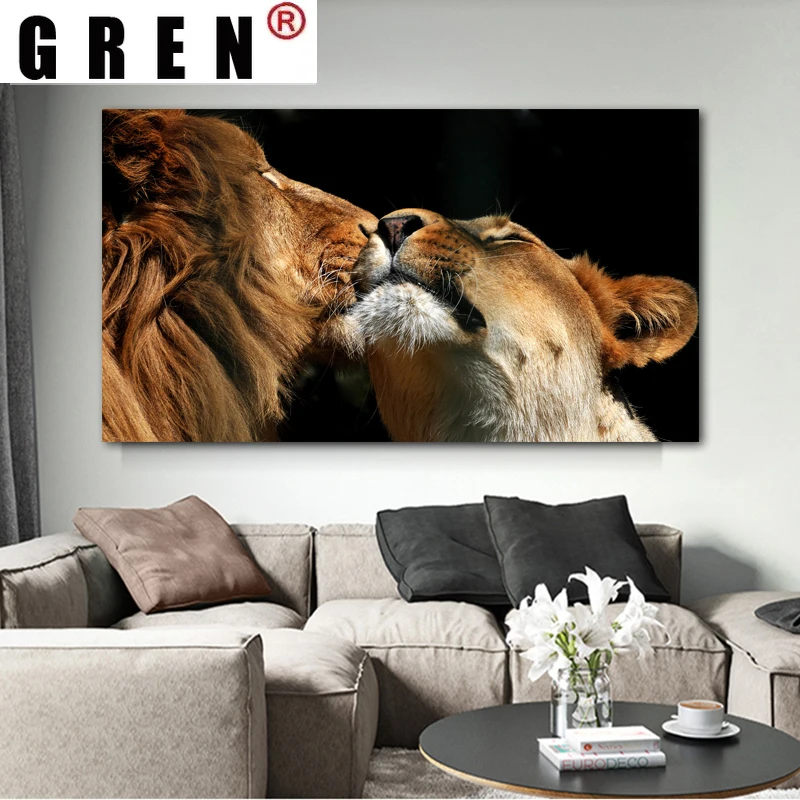 

GREN Modern Style Lion Mother&Son Posters Canvas Prints Animal Kiss Painting Home Decor Wall Pictures Living Room Soaf NO FRAME