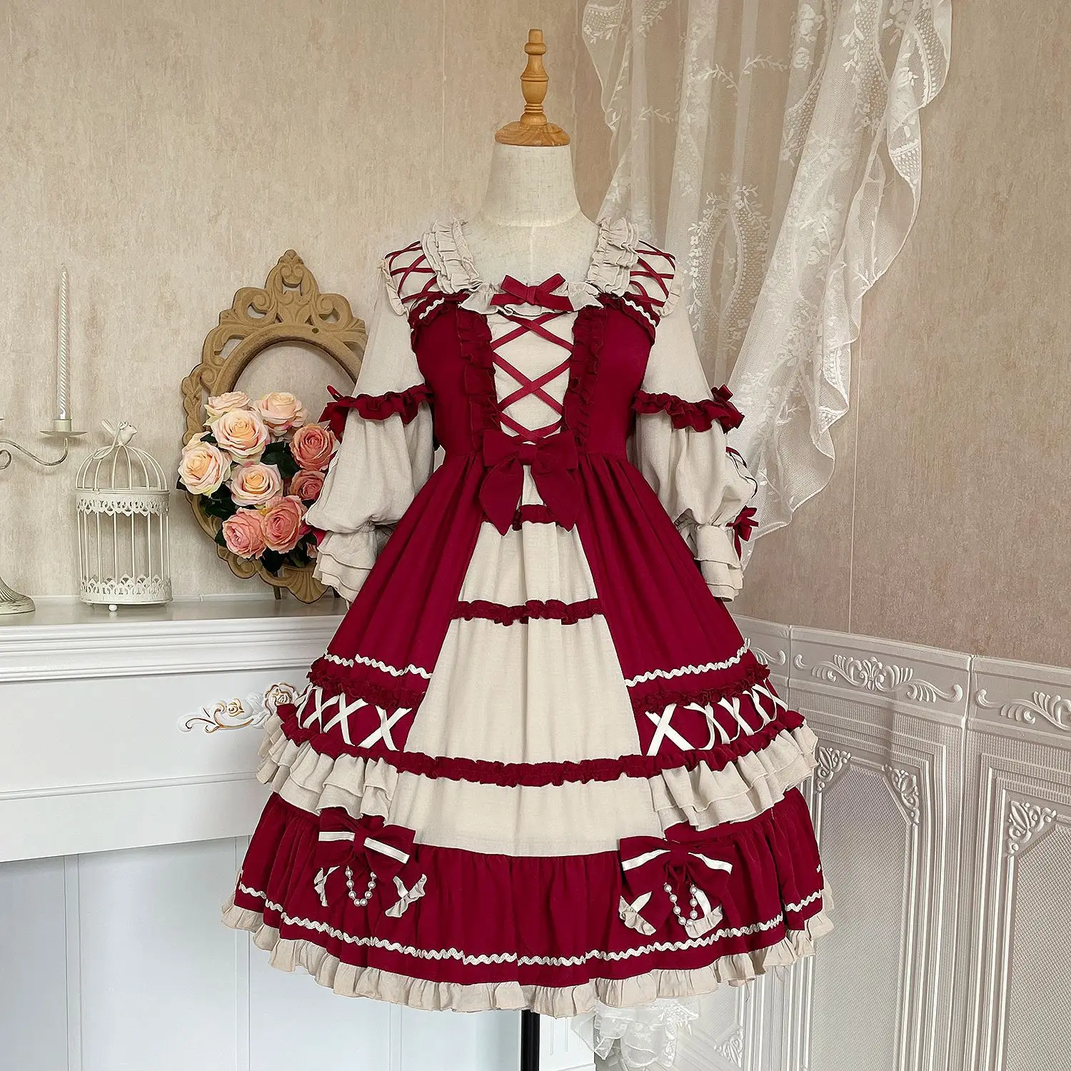 

Lolita Princess Skirt Cosplay Lovely Lolita Cake Wine Red Blue Short Sleeve Dress Puffy Skirt Court Retro Lolita Dress New