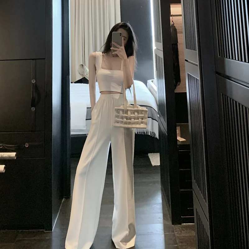 

Tank Tops Suit Trouser for Women High Waist Causal Loose Wide Leg Pants 2021 Autumn Korean Fashion Elegant Tide