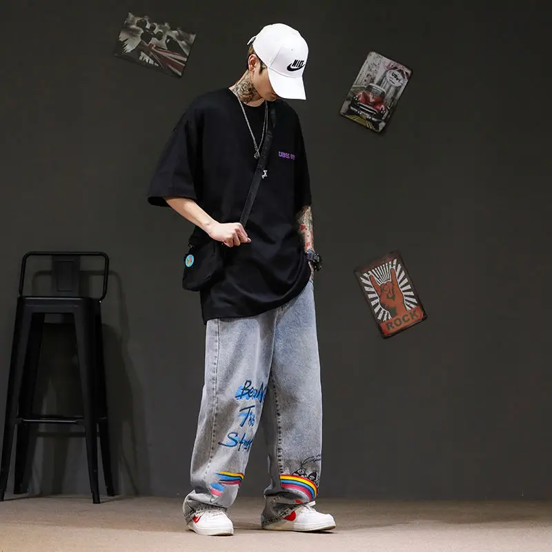 Джинсы мужские радужные в стиле хип-хоп модные мешковатые джинсы ретро