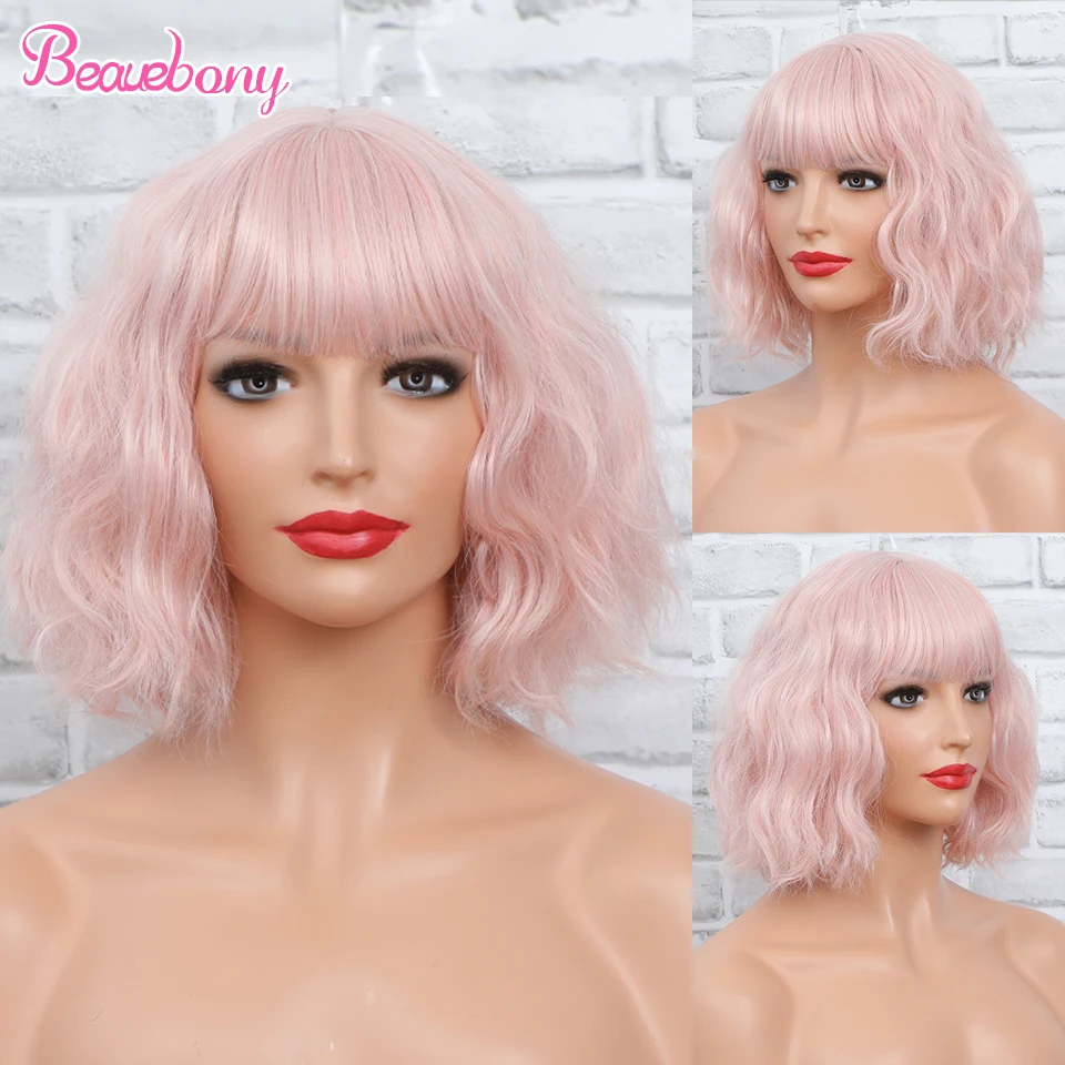 

Beauebony Synthetic Hair Pink Purple Blonde Black Brown Burgundy Blue Green Ombre Wig BOB Short Curly Wig With Bangs Women's Wig