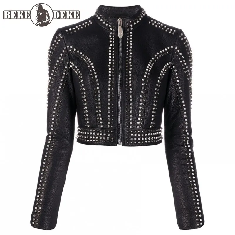 

Куртка женская короткая из овечьей кожи, с воротником-стойкой и заклепками