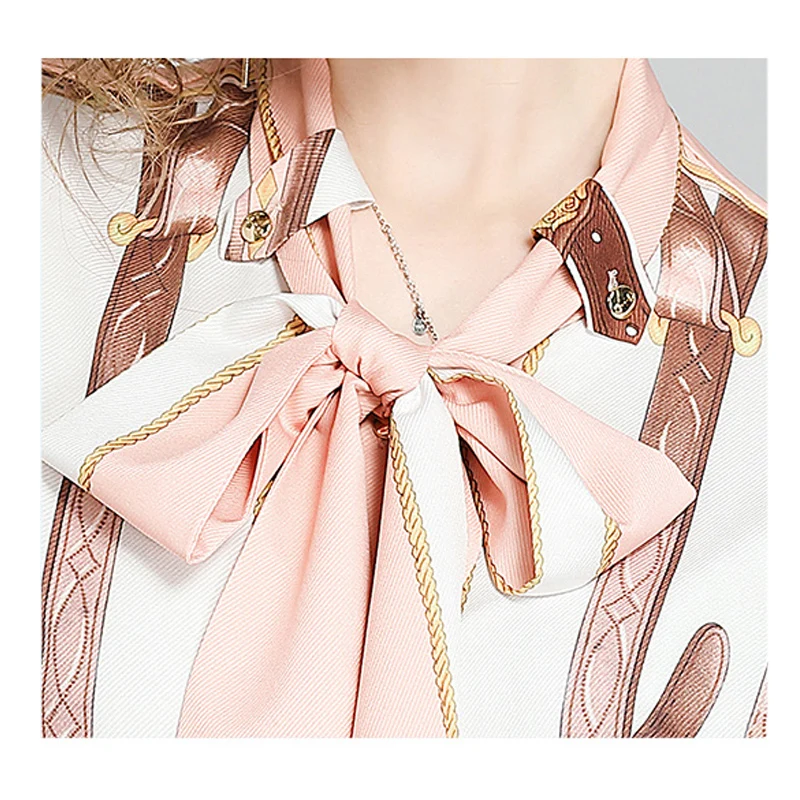 

2021 Spring Summer Fall Runway Vintage Print Collar Long Sleeve OL bow Neck Women Party Casual Top Shirts Blouse droshipping