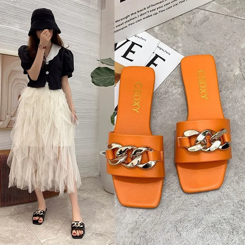 Women Slippers Metal Chain Design Charm Open-toe Set Foot Summer Beach Sandals Ladies Outdoor Flat Slides Casual Women Shoes